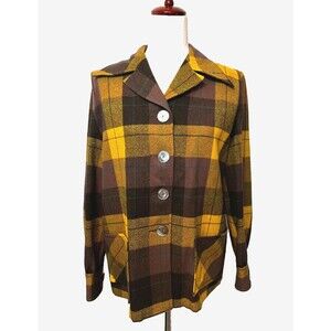 Vtg 50's PENDLETON Women's L 49ers Jacket Shirt Brown Yellow Plaid Dagger Collar